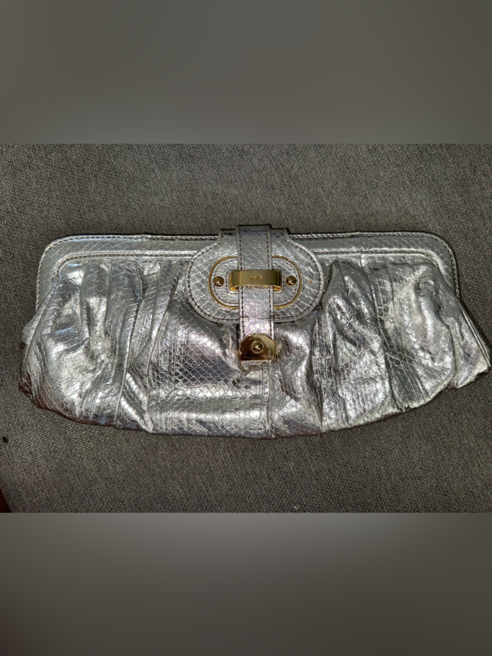 Silver Metallic Leather Clutch Bag with Gold Hardware Snakeskin Effect
